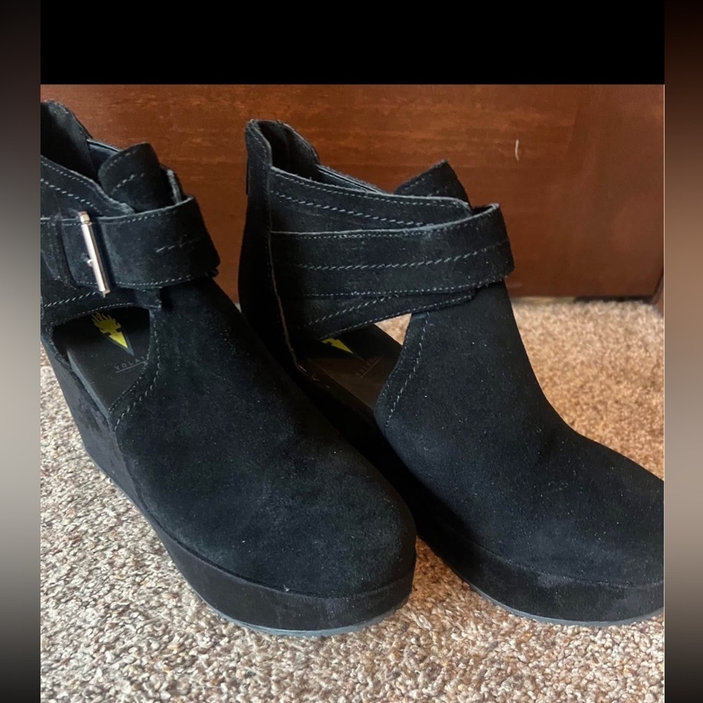 Volatile Black Suede Wedge Shoes, platform bottom